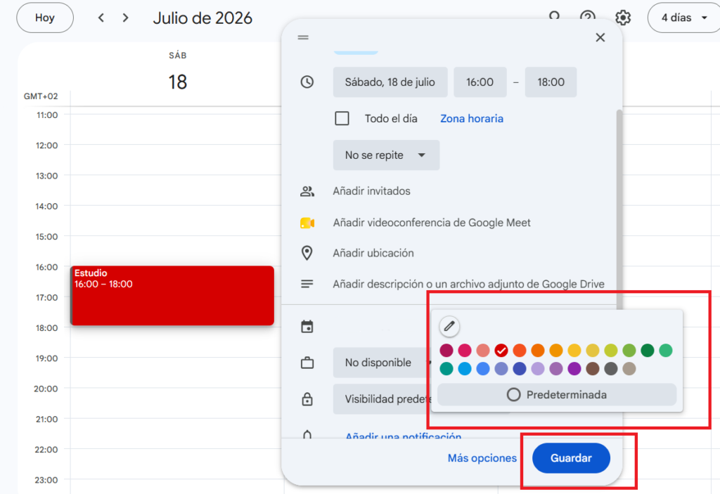 como organizar google calendar color evento