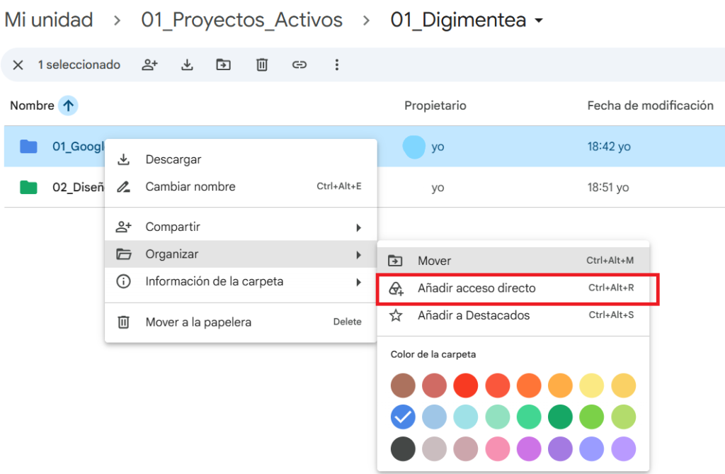 organizar Google Drive acceso directo
