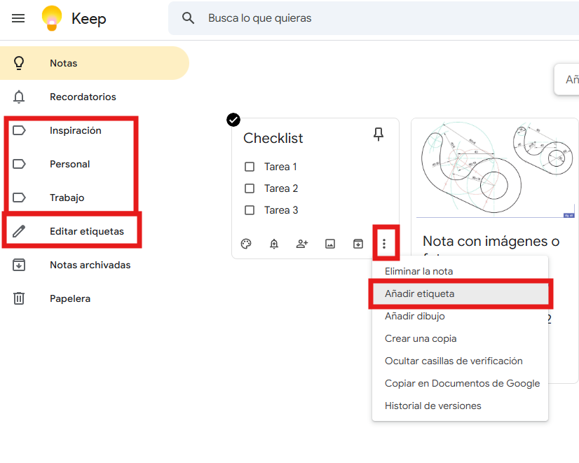 cómo usar google Keep etiquetas