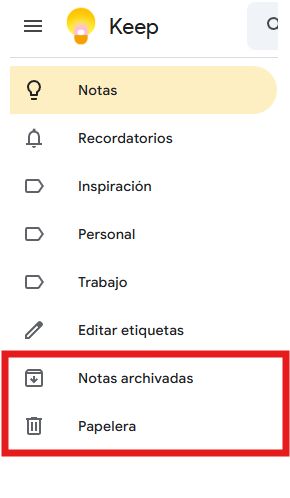 cómo usar google Keep archivar papelera