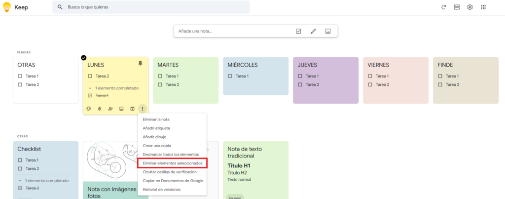 cómo usar google Keep metodo digimentea organización semanal